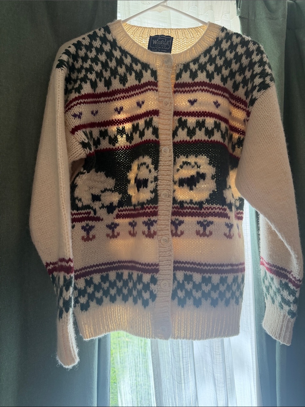 Vintage Woolrich Woman Sheep Knit Wool Cardigan Sweater - Cream Green M